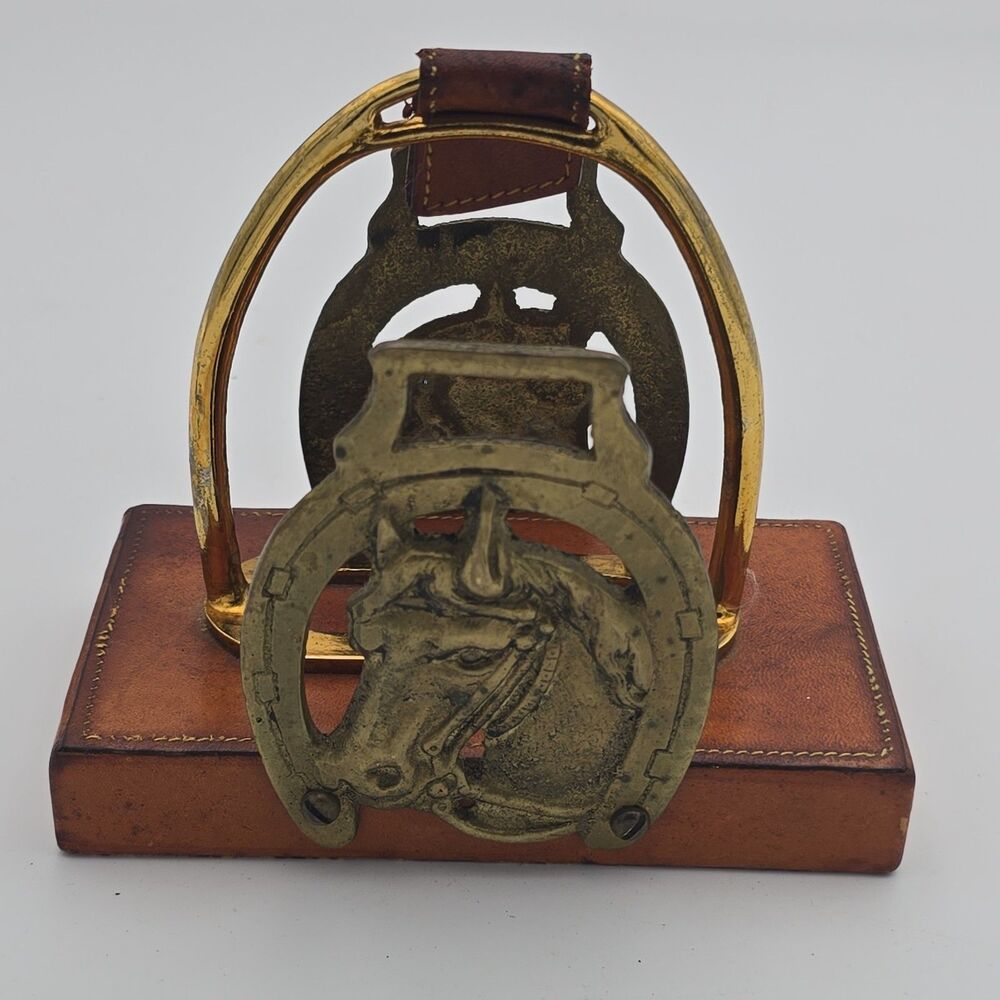 Vintage English Horse Brass Letter Holder Real Hide Made in England Equestrian D